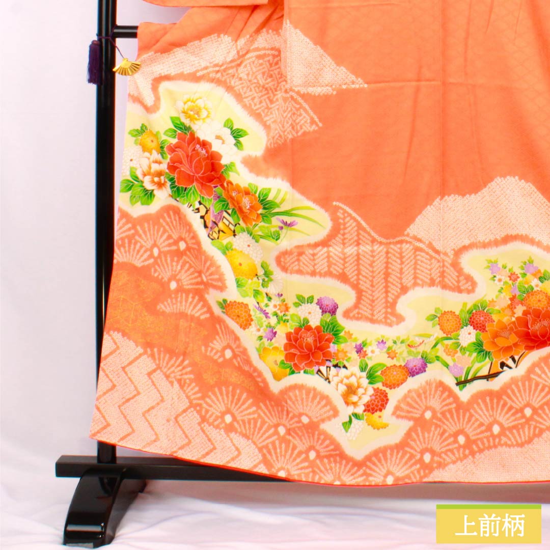 Visiting Kimono, Pure Silk, A-Rank, Lined, Length 158cm, Sleeve Length 62cm, Red-Orange, Kyoto Yuzen Dyed, Auspicious Motif, Neriko Diamond, Flower, Orange, Item Number 1112007513326