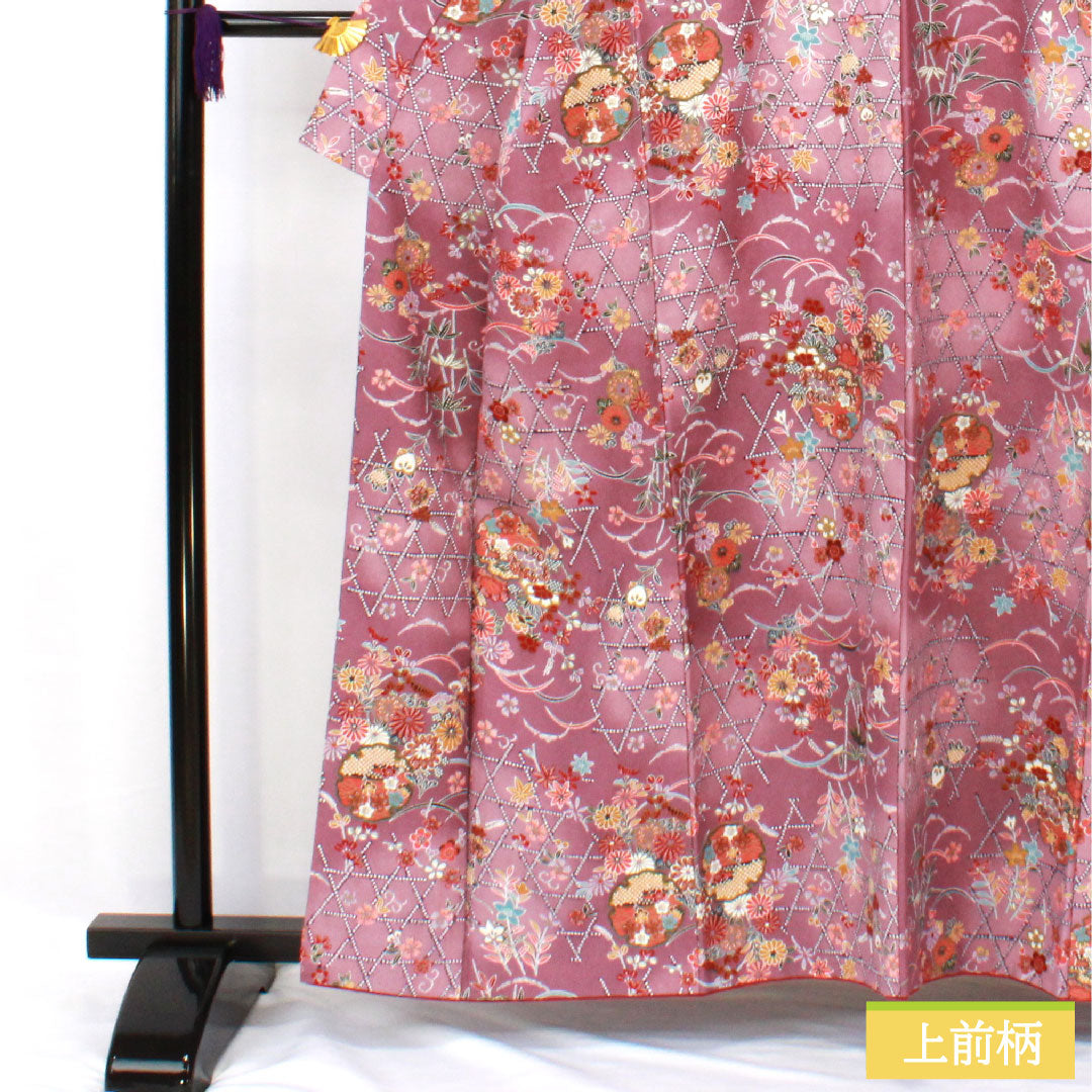 Small pattern, polyester, length 169.5cm, sleeve length 64.5cm, lined, Kyoto wisteria color, washable kimono, floral pattern, A rank, purple, 1115004623520