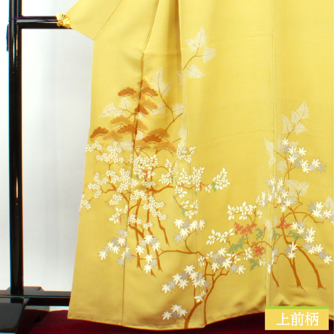 Homongi, pure silk, lined, length 164cm, sleeve length 64cm, faint yellow, Kyoto Yuzen, autumn grass pattern, one crest, five-fold fan, A rank, yellow, 1112004323423