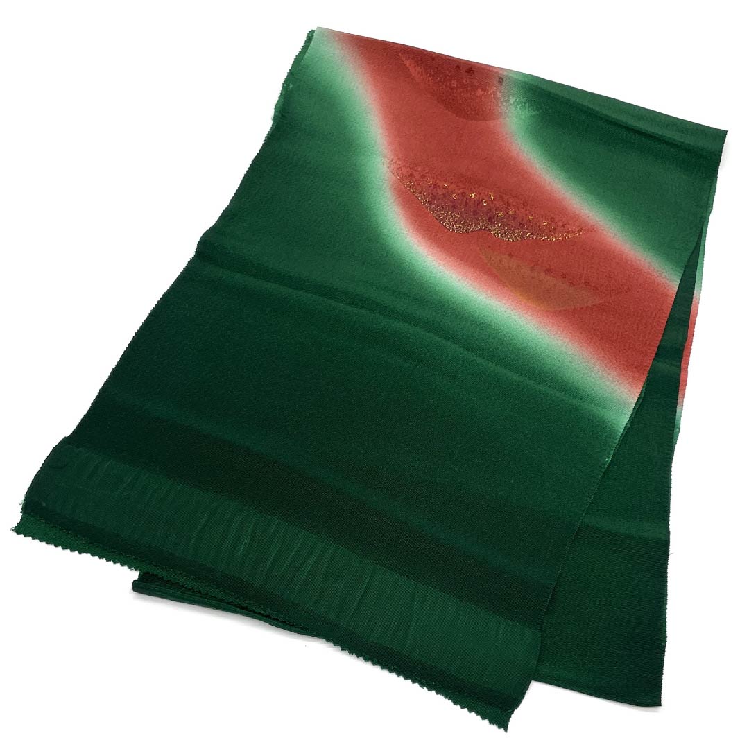 S-Rank Silk Obiage (Semi-Formal) in Velvet and Oxblood Red with a Classic Toyama Pattern, Approximately 180cm Long, 31.5cm Wide, Green, Product Number: 1136002142919