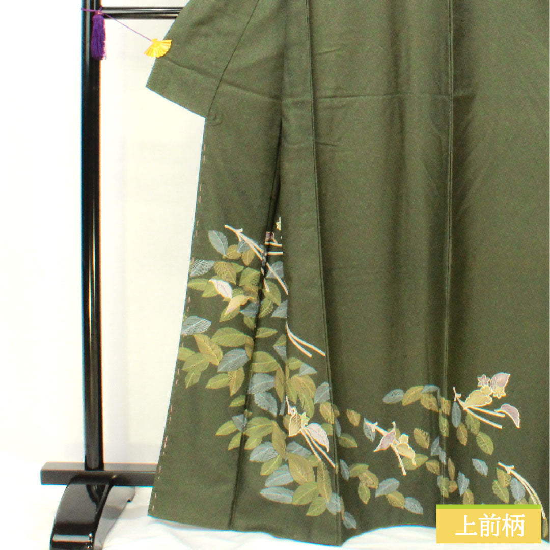 Homongi (formal kimono) made of polyester, lined, length 165cm, sleeve length 63cm, indigo sea pine brown, washable kimono, Matsuba, A rank, green, 1112005843519