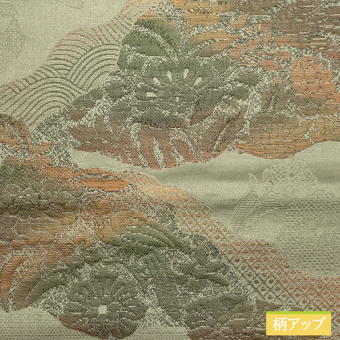 Nagoya obi, yellow-grey, Hakata weave, puffed weave, Cyprus treasure, obi length 356cm, pure silk, S rank, six-pass, casual, green, 1124008202319, Matsuba style