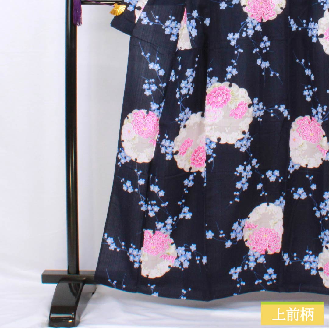 Yukata Cotton Length 161cm Sleeve length 68cm S rank Single layer Navy Deep navy blue Snowflake Flower pattern 1118005492418