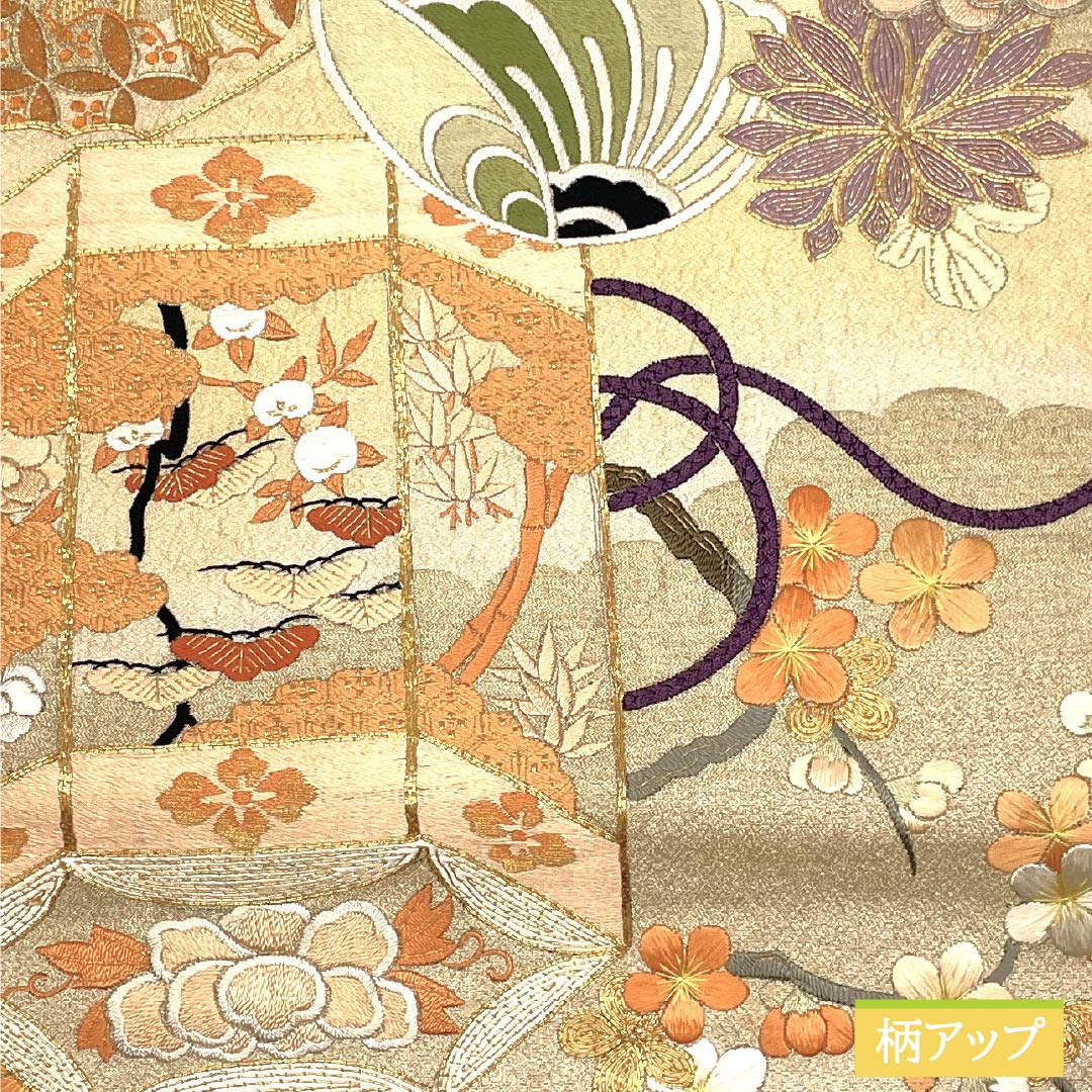 (Maru obi) Fukuro obi, pure silk, Torinoko color, Maru obi, antique, embroidery, obi length 410cm, A rank, point pattern, formal, beige, 1123013863325