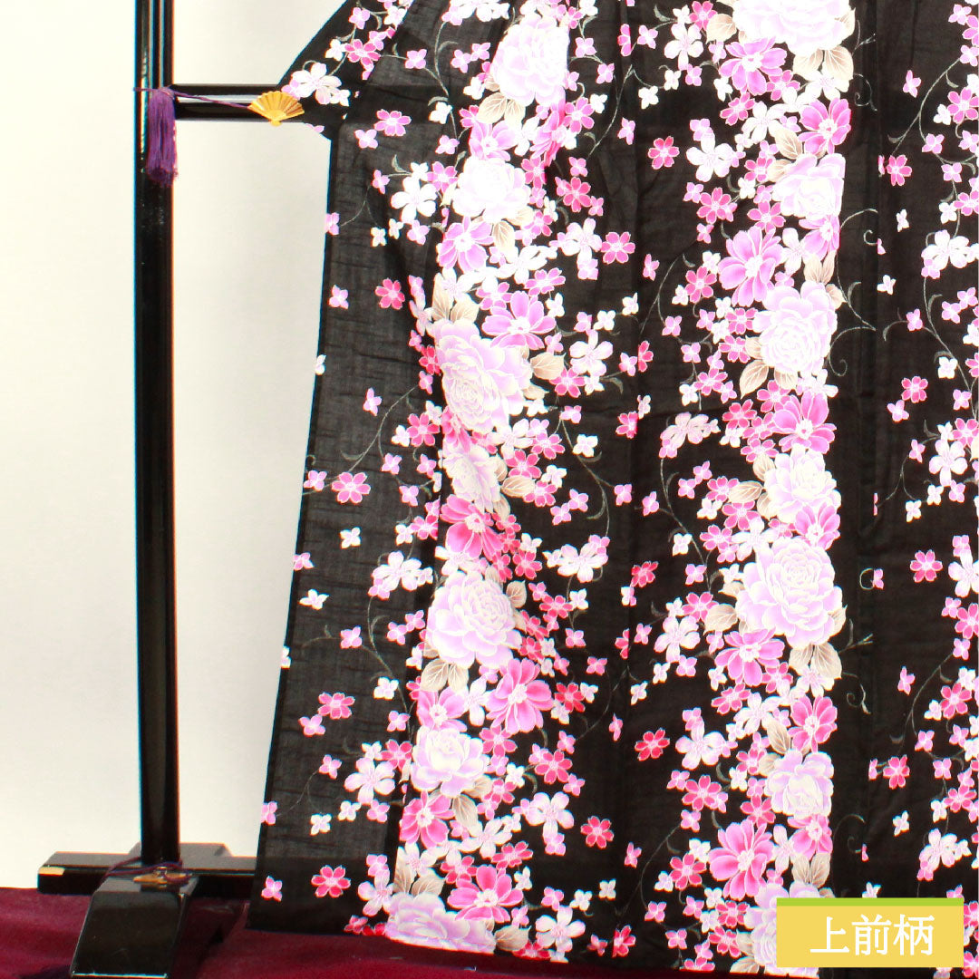 浴衣 木綿 身丈165.5cm 裄丈64.5cm Sランク 単衣 黒系 薔薇 桜 1118004512510