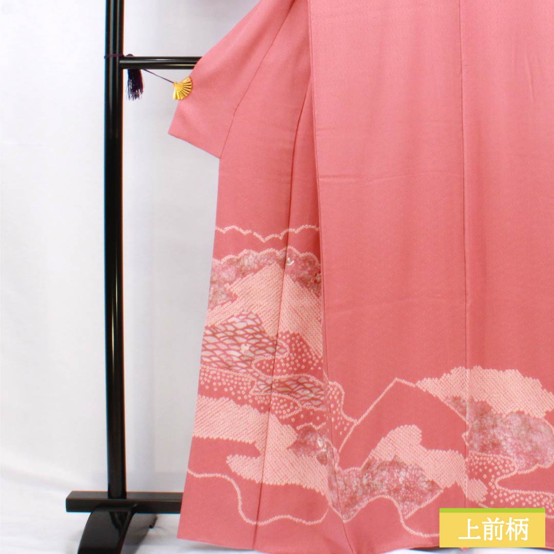 訪問着 正絹 Bランク 袷 身丈164.5cm 裄丈64cm 長春色(ちょうしゅんいろ) 絞り 刺繍 紗綾形 雲取り ピンク系 1112006214413