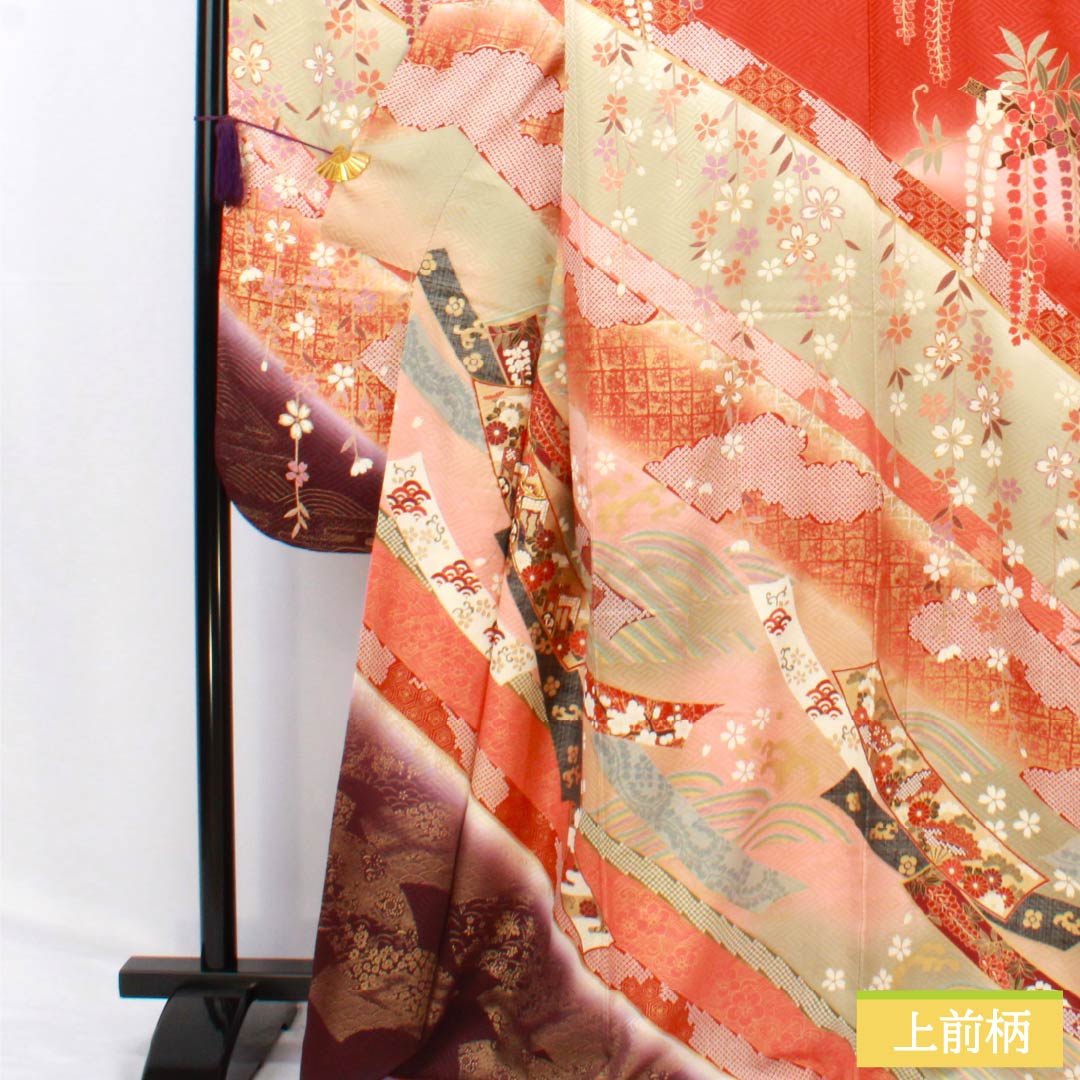 振袖 正絹 Bランク 身丈166cm 裄丈64.5cm 袷 真朱色(しんしゅいろ) 京友禅 吉祥文様 鶴 桜 藤 赤系 1113002164512
