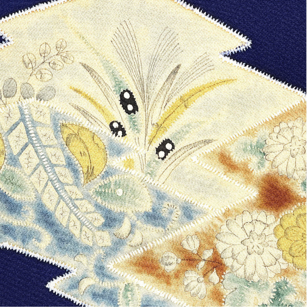 名古屋帯 松皮菱 花模様 染帯 縮緬帯丈380.5cm 正絹 Aランク ポイント柄 カジュアル 紺系 1124001583318 名古屋仕立て