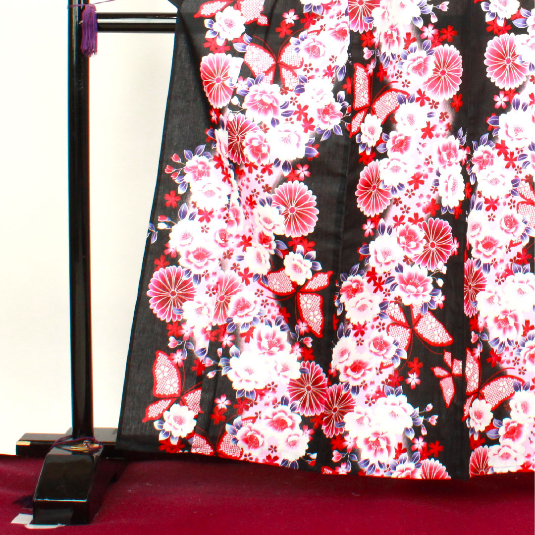 Yukata, Chrysanthemum, Cherry Blossom, Butterfly, Cotton, S Rank, Single Layer, Length 163cm, Sleeve Length 64cm, Black, 1118001522410