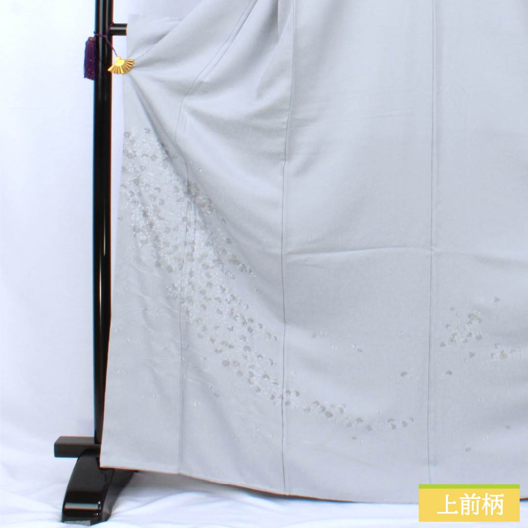 訪問着 正絹 Bランク 袷 身丈168cm 裄丈62cm 白銅色(はくどういろ) 蘇州刺繡 草花 流水 しつけ糸付き グレー系 1112007524522