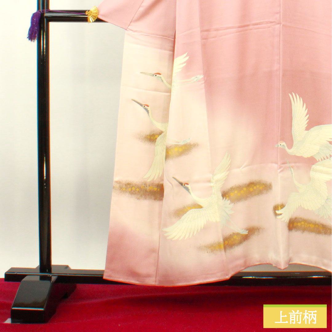 色留袖 正絹 身丈154.5cm 裄丈62.5cm 袷 退紅色(あらそめいろ) 京友禅 鶴 三つ紋 違い鷹の羽 Sランク 三つ紋 ピンク系 1111001232213