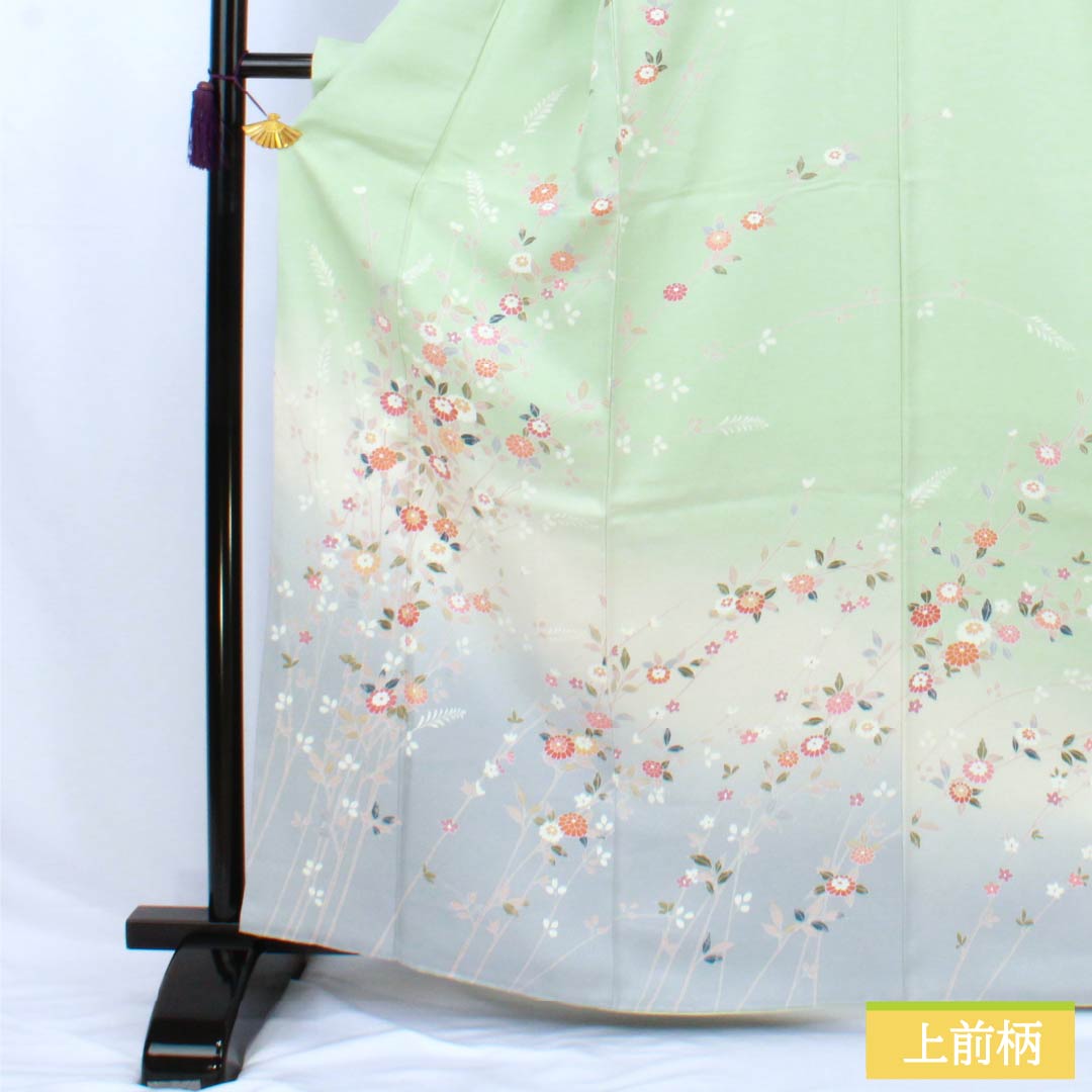 訪問着 正絹 Sランク 袷 身丈166.5cm 裄丈62cm 薄緑色(うすみどりいろ) 京友禅 草花 しつけ糸付き 緑系 1112007602519