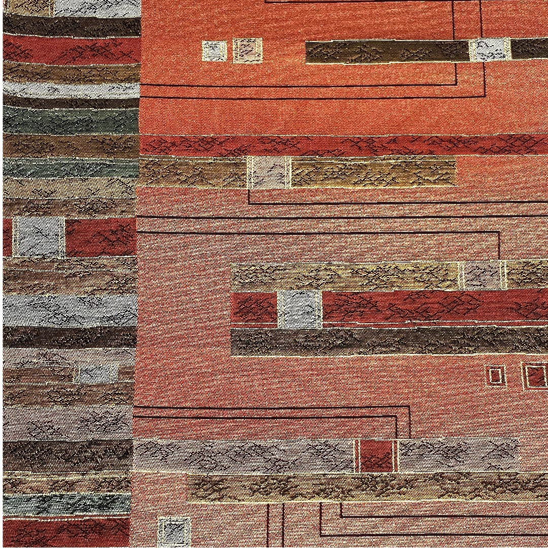 Fukuro obi (sash) in oxblood red with horizontal stripes and geometric patterns, obi length 442cm, pure silk, S rank, six-pass, semi-formal, vermilion, 1123002752316