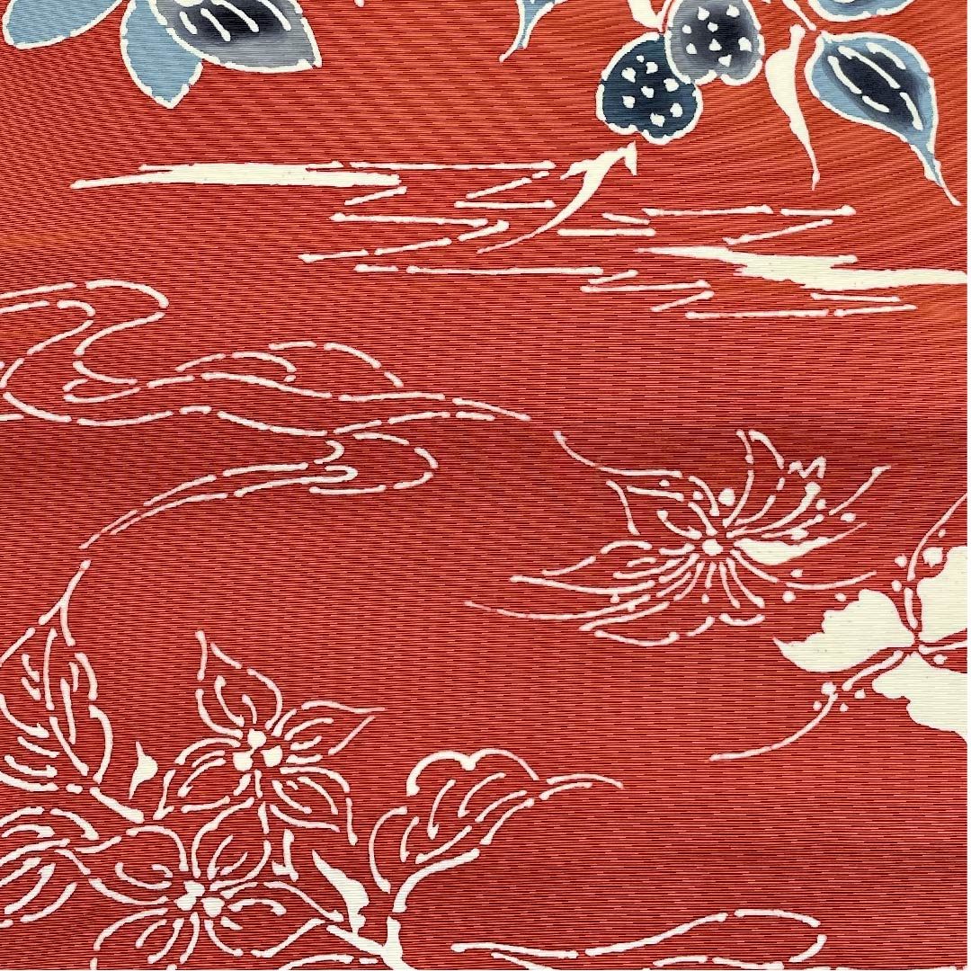 名古屋帯 紅鳶色 蝶 草花模様 帯丈349.5cm 正絹 Bランク 全通 カジュアル 朱系 1124003024316 名古屋仕立て