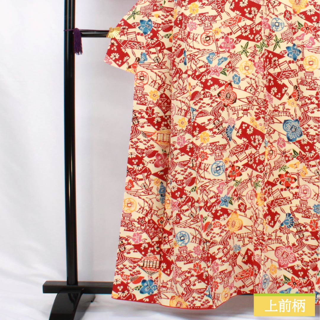Komon silk S-rank kimono, length 159.5cm, sleeve length 66cm, lined, Tokyo white-brown (Tokyo shirachairo) pattern, Kyoto Bingata, Kyoto landscape design, cream-toned, product number 1115006852315