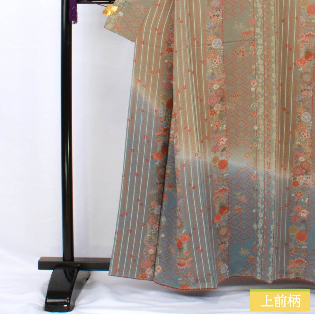 訪問着 正絹 袷 身丈160.5cm 裄丈65.5cm 利休鼠色(りきゅうねずみいろ) 型染 縞 花柄 Sランク グレー系 1112006042422