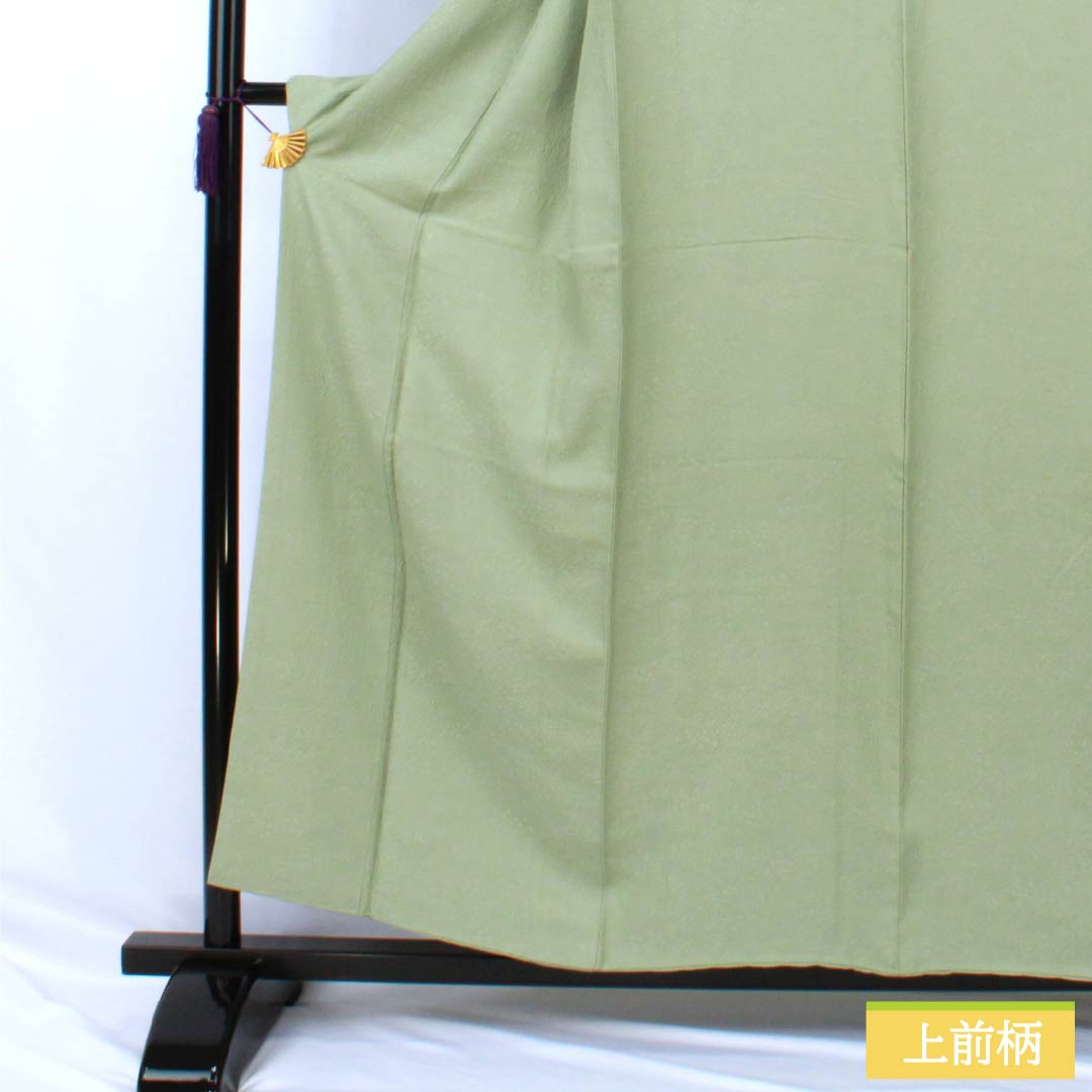 Solid-colored silk kimono, A-rank, length 156cm, sleeve length 64cm, Longquan celadon glaze color (Rongquan Ching Two-Youth), single crest, split paulownia wood, sewn crest, lined, green, 1114002563319