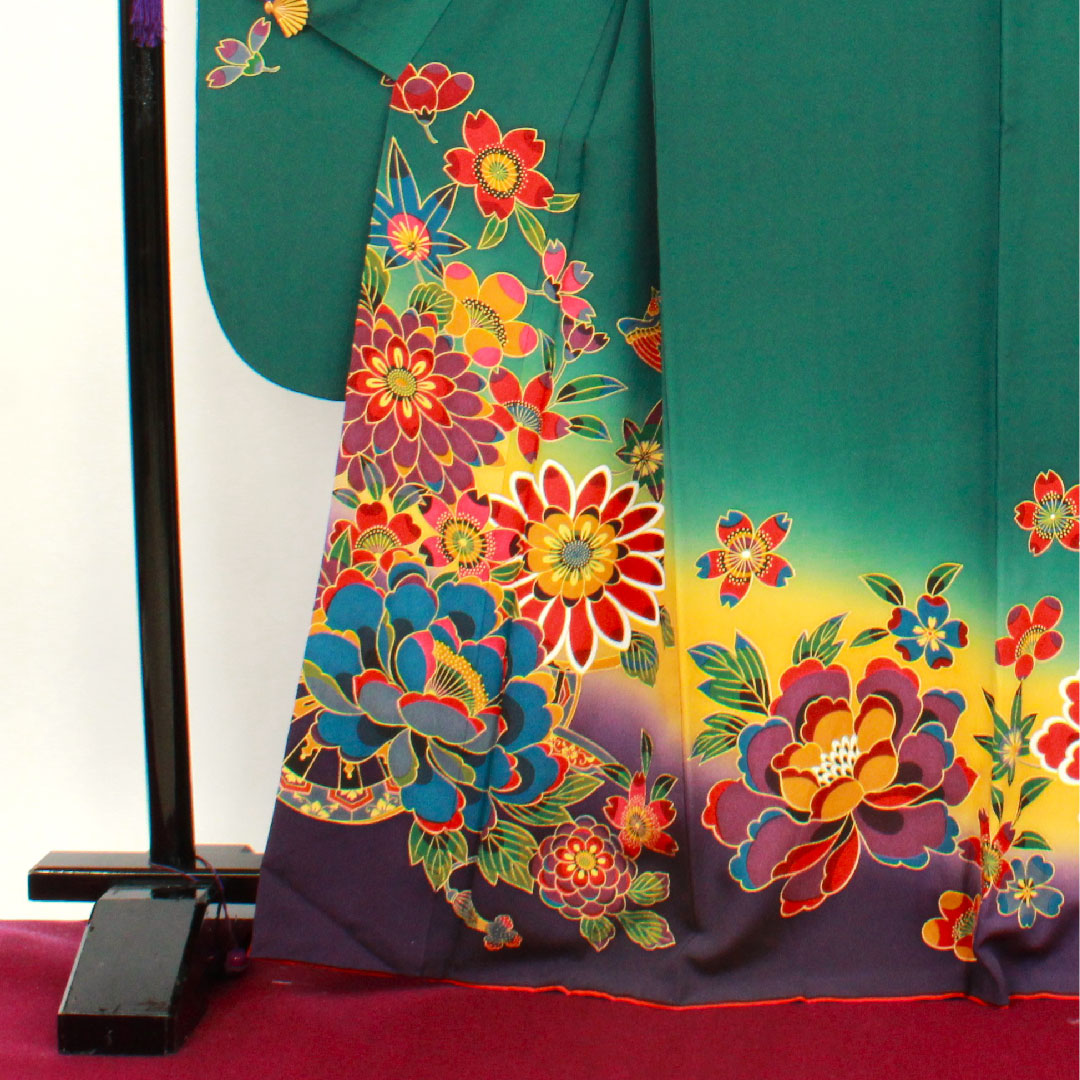 振袖 身丈166cm 裄丈68.5cm 袷 鉄色 桜 菊 正絹 Sランク 緑系 1113000972519