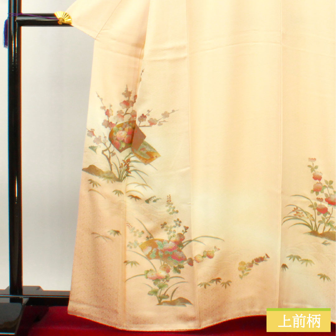 Homongi, pure silk, lined, length 164.5cm, sleeve length 65.5cm, maiden color, Kyoto Yuzen, gold leaf finish, floral pattern, pearl tone finish, S rank, pink, 1112004402413