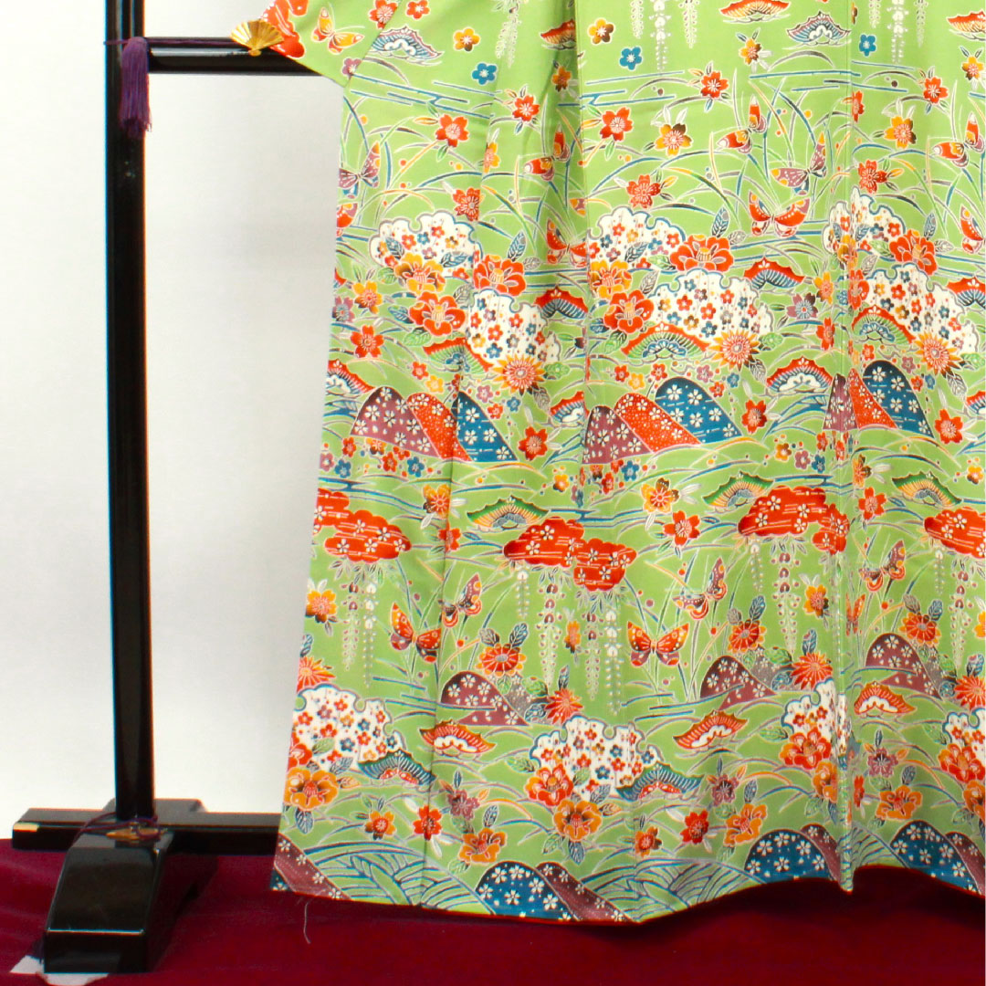 Homongi, pure silk, lined, length 162.5cm, sleeve length 65cm, light green, Kyoto Bingata, auspicious motif, with basting thread, S rank, green, 1112003222419