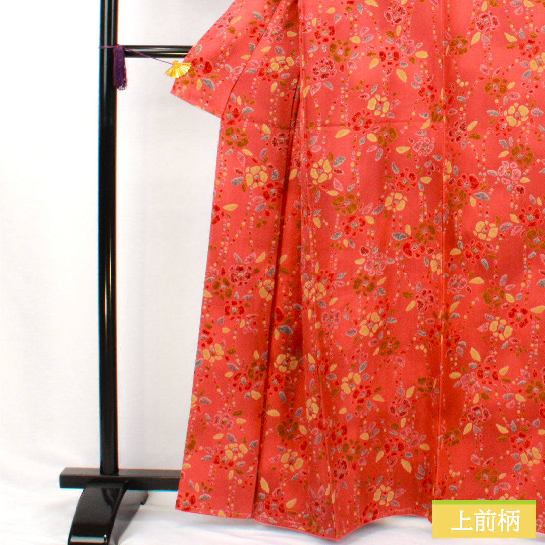小紋 正絹 Sランク 身丈161.5cm 裄丈64cm 袷 紅絹色(もみいろ) 抽象花 部分絞り 赤系 1115007662412