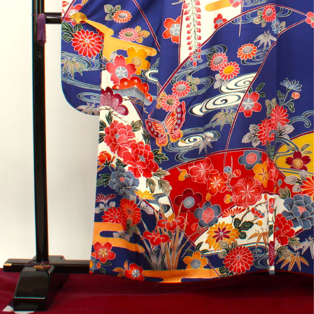 振袖 身丈159cm 裄丈67cm 袷 桔梗色 京紅型 吉祥文様 正絹 Aランク 紺系 1113001703318