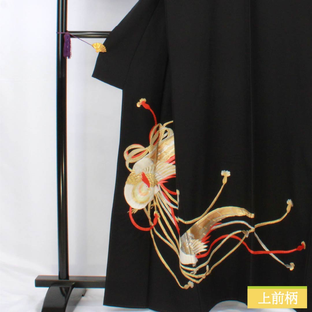 Black Tomesode (Japanese Kimono) - Pure Silk, Grade A, Length 161.5cm, Sleeve Length 64cm, Lined, Five Crests, Swallowtail Butterfly Embroidery, Bird Design, Braided Cord, Black, Item Number 1111001813410