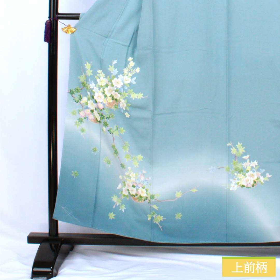 訪問着 正絹 Sランク 袷 身丈155.5cm 裄丈63cm 砧青磁色(きぬたせいじいろ) 加賀友禅 南克治 付下げ 花籠 しつけ糸付き 水色系 1112007312324