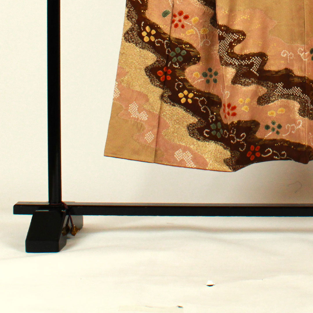 Homongi, lined, length 145.5cm, sleeve length 60cm, Sayagata, flowing water, tie-dye, pure silk, S rank, brown, 1112000302114