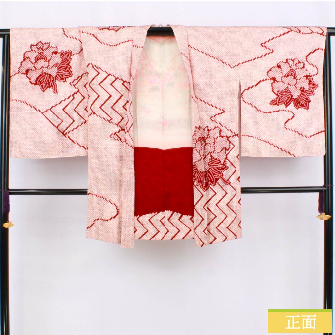 羽織 正絹 Sランク 身丈87cm 裄丈67cm 生臙脂色(しょうえんじいろ) 絞り 花 袷 赤系 1117001322912