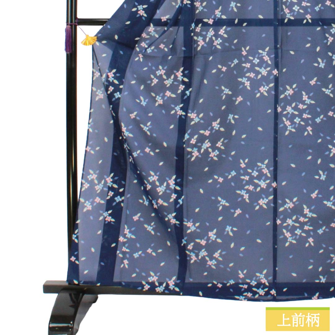 夏物 ポリエステル 小紋 Sランク 身丈162.5cm 裄丈64cm 紺色(こんいろ) 小花 洗える着物 絽 紺系 1132003552418