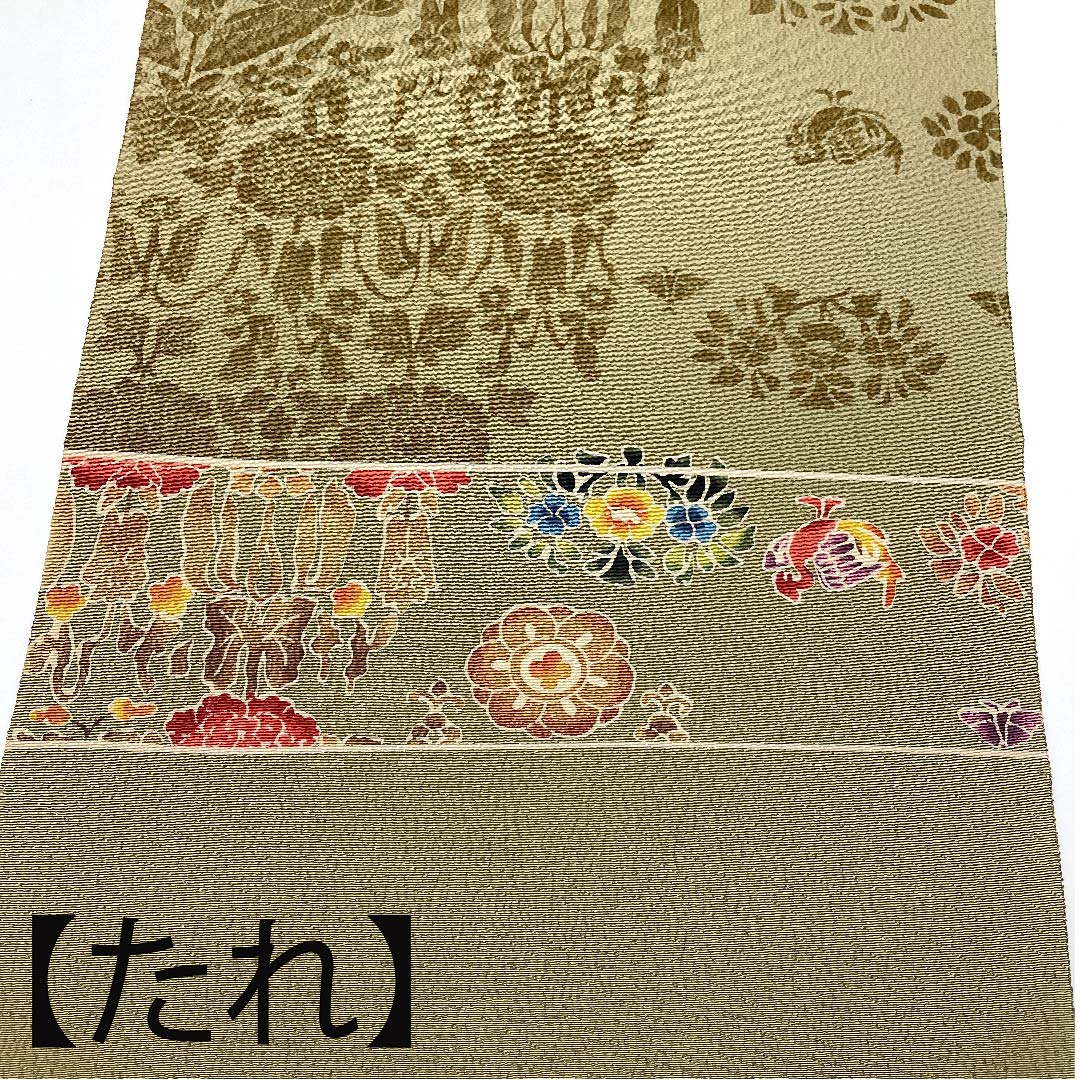 【未仕立】名古屋帯 正絹 NEWランク 黄海松茶色(きみるちゃいろ) ちりめん地 花柄 蝶々 帯丈360cm ポイント柄 カジュアル 緑系 1124004701319