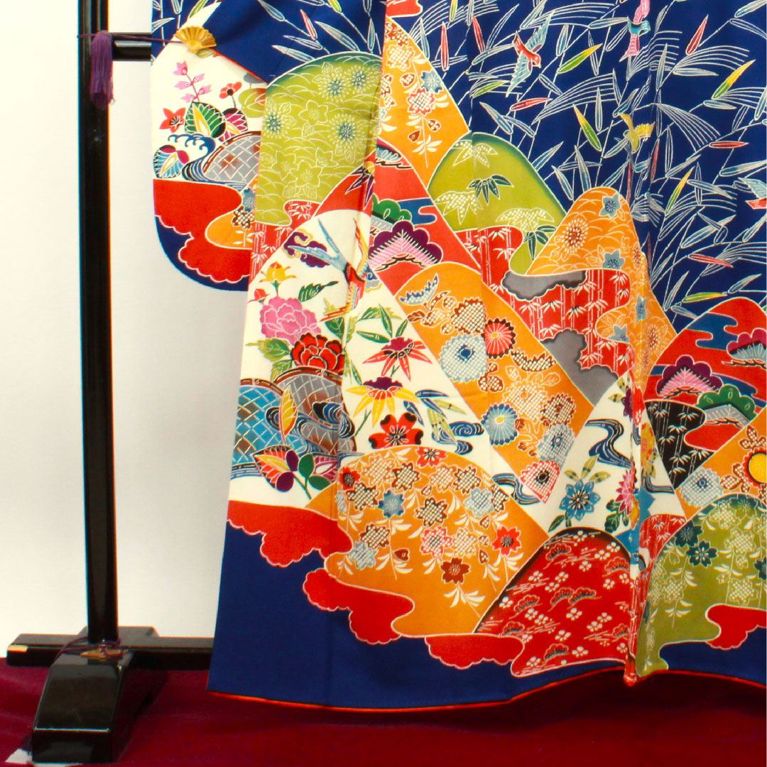 振袖 身丈160cm 裄丈65cm 袷 瑠璃色 京紅型 吉祥文様 正絹 Aランク 紺系 1113001753418
