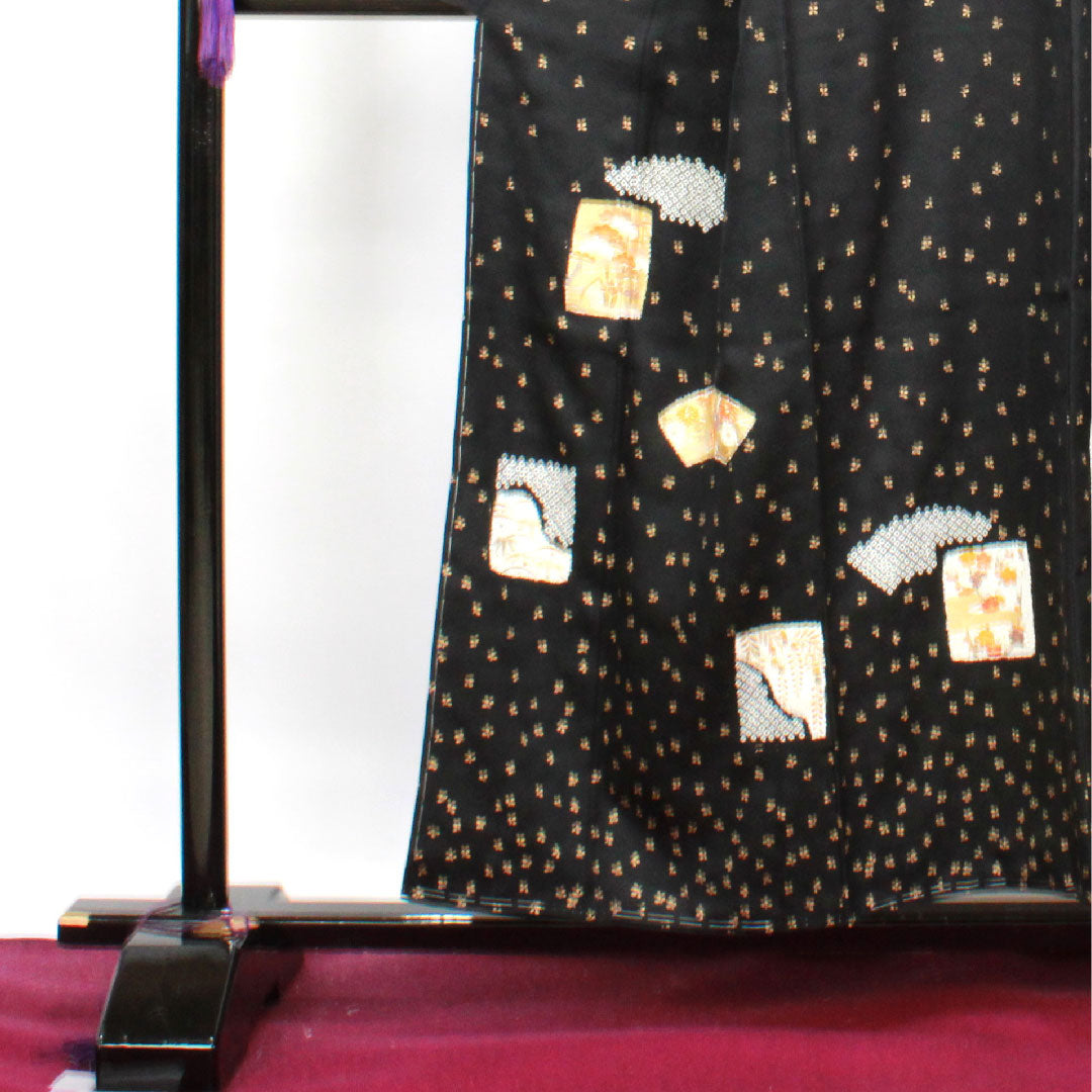 Homongi, lined, length 155cm, sleeve length 61.5cm, with basting thread, unused, Kyo-Yuzen, auspicious pattern, pure silk, S rank, black, 1112002662310