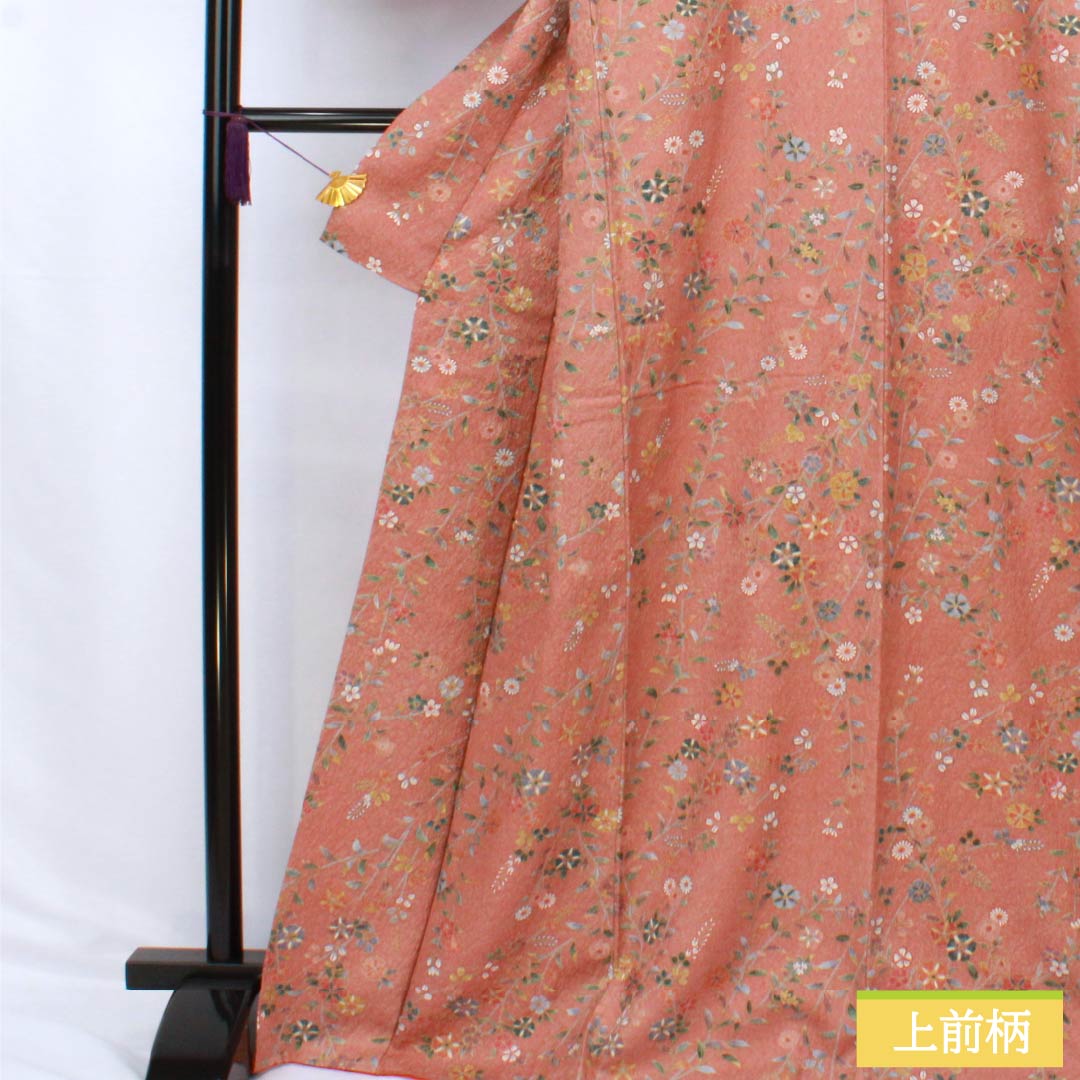 Komon (small pattern) kimono, pure silk, S rank, length 168cm, sleeve length 66cm, lined, light purple (asakura) color, floral pattern, pink with basting thread, product number 1115007152513