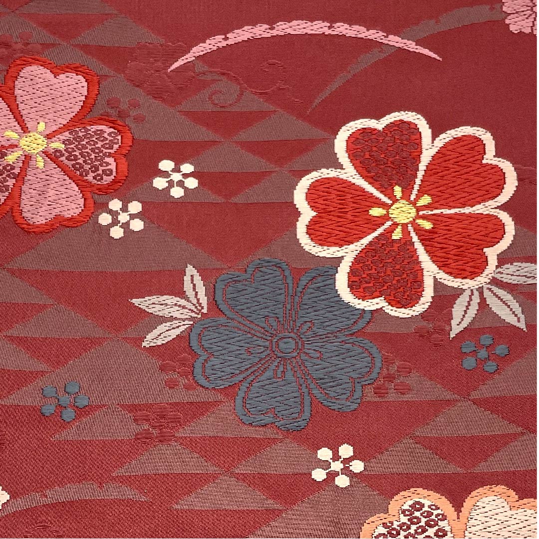 名古屋帯 京袋帯 深緋色 芝草 桜 鱗 唐草 帯丈381cm ポリ Sランク 六通 セミフォーマル 朱系 1124003322316 開き仕立て
