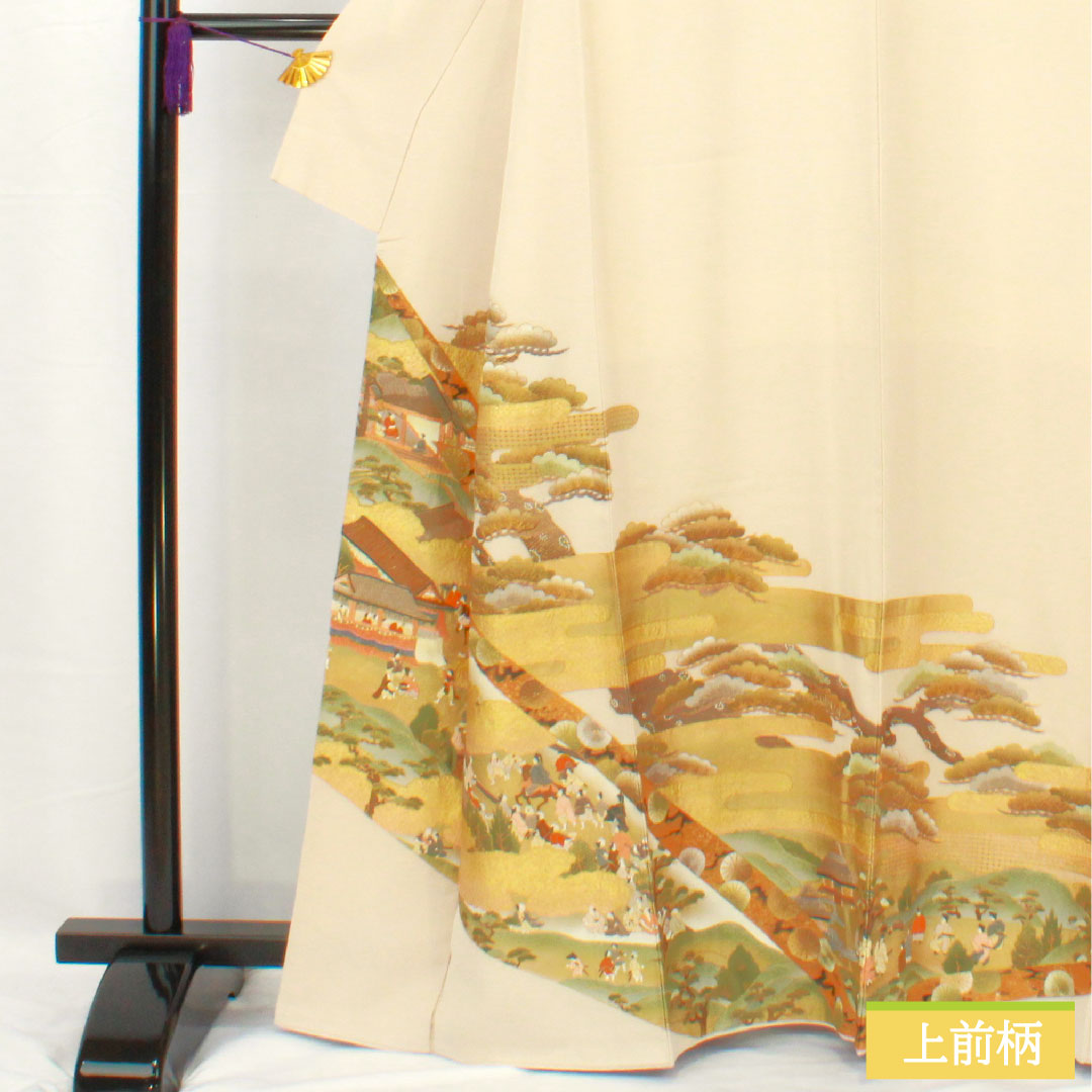 Colored Tomesode, pure silk, length 163cm, sleeve length 64cm, lined, white neri-iro (white paste color), Kyoto Yuzen embroidery, historical figures and landscape pattern, one crest, three oak leaves, pearl tone finish, A rank, beige, 1111001493425