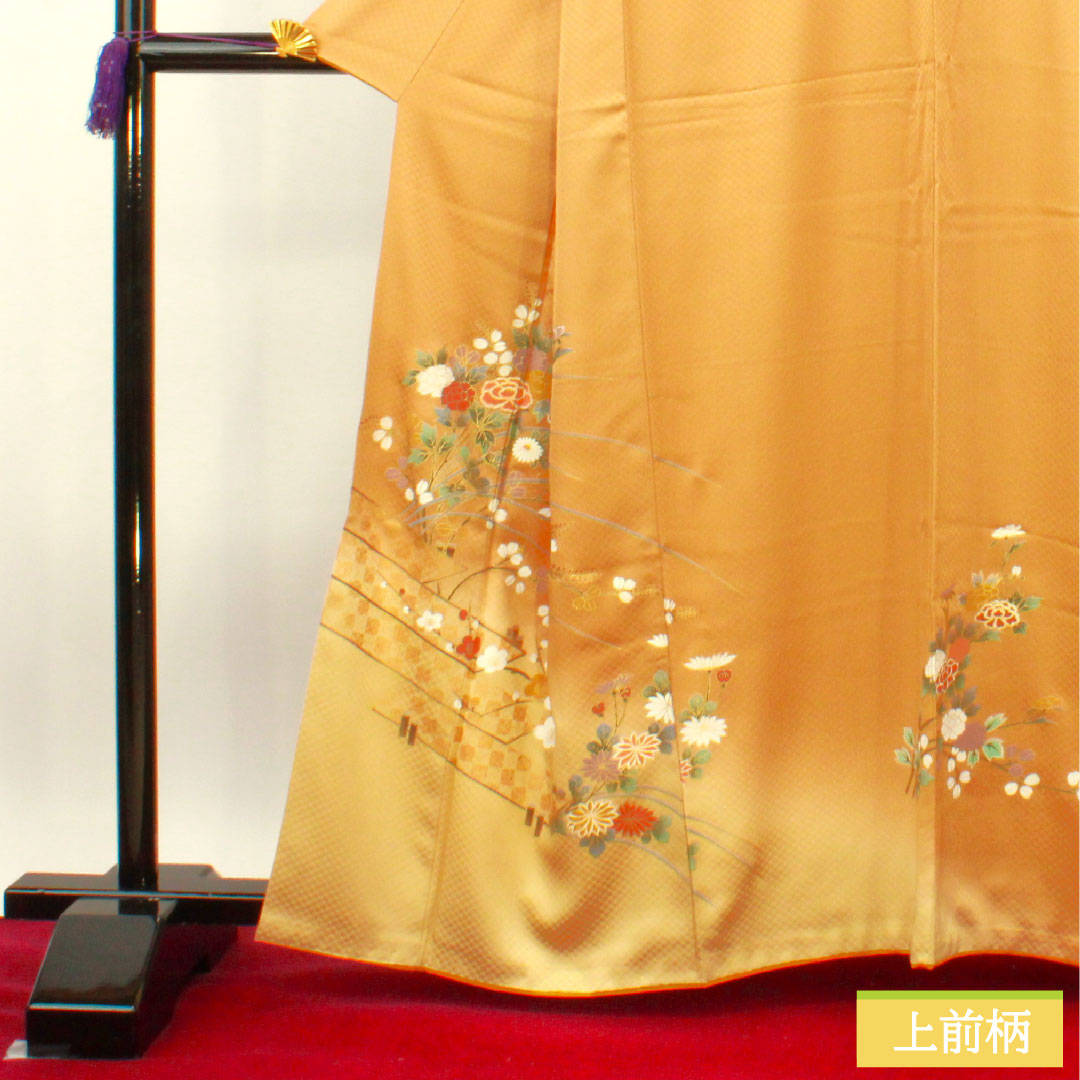 訪問着 袷 身丈163cm 裄丈66cm 枇杷茶色 京友禅 草花模様 正絹 Sランク 茶系 1112003912414