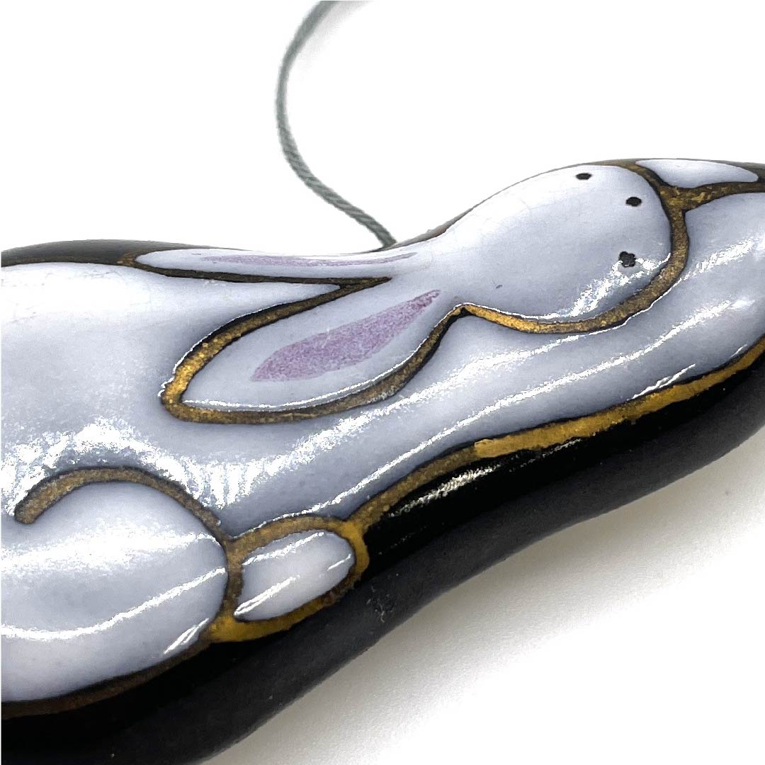 (New old stock) Obi fastener, ceramic, casual, jet black, Kyoyaki, rabbit, animal, length approx. 3cm, width approx. 6cm, S rank, black, 1137000322910