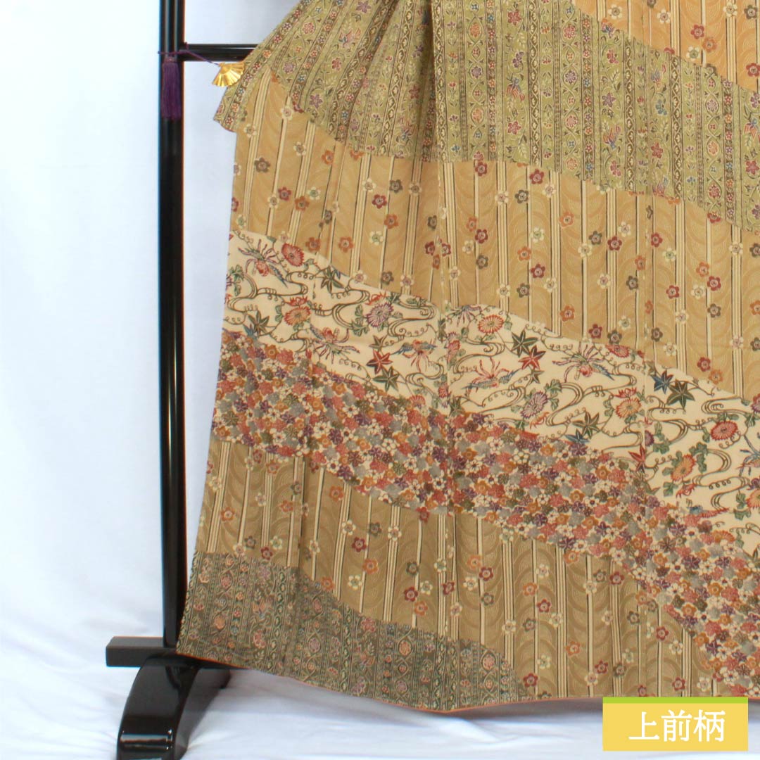 訪問着 正絹 Sランク 袷 身丈161.5cm 裄丈64.5cm 土布色(トウプースーいろ) 小麦色(こむぎいろ) 京紅型 型染 玄匠 古典柄 ベージュ系 1112007622425