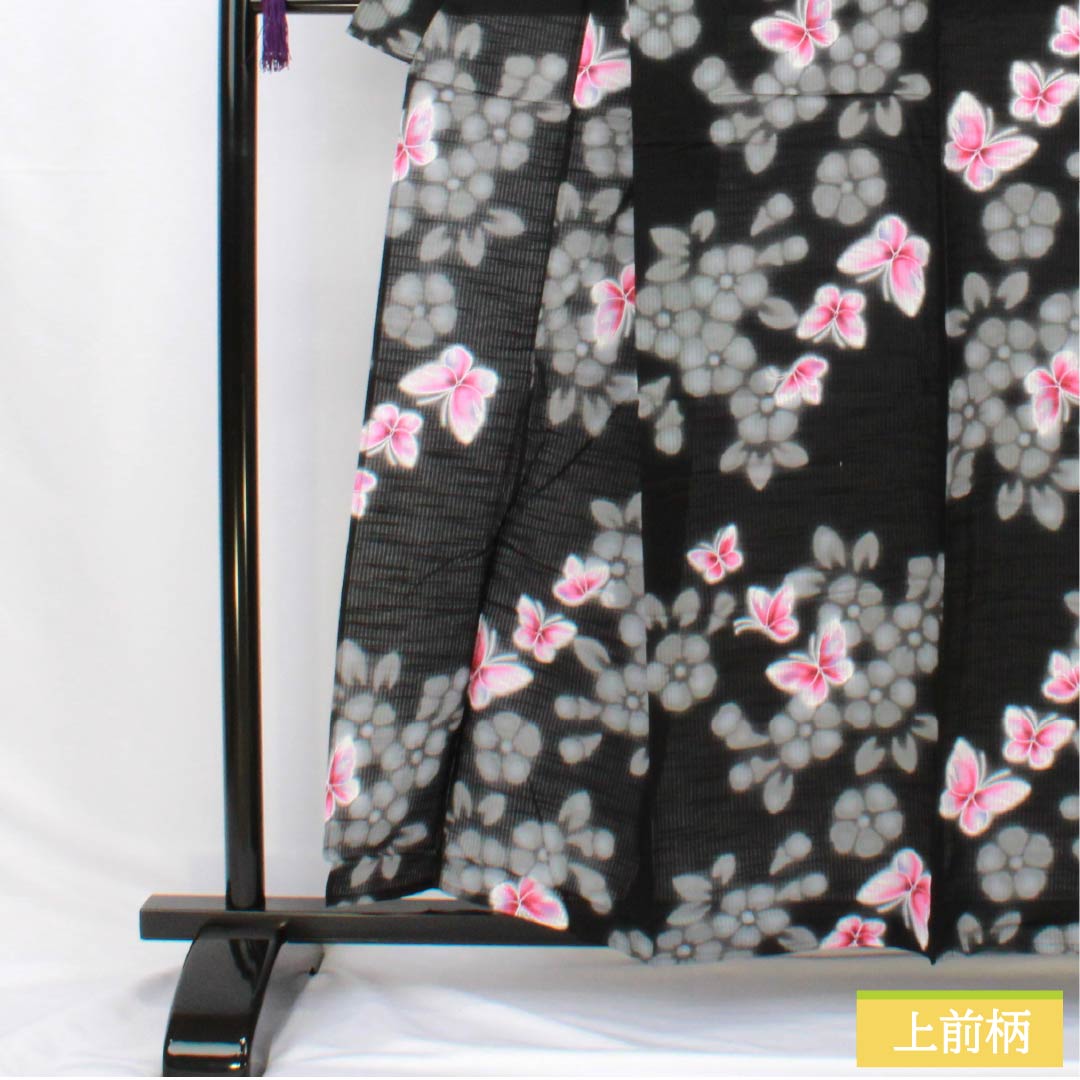 Cotton Yukata, Length 158.5cm, Sleeve Length 64.5cm, S Rank, Single Layer, Black, Butterfly and Flower Design, 1118006152310