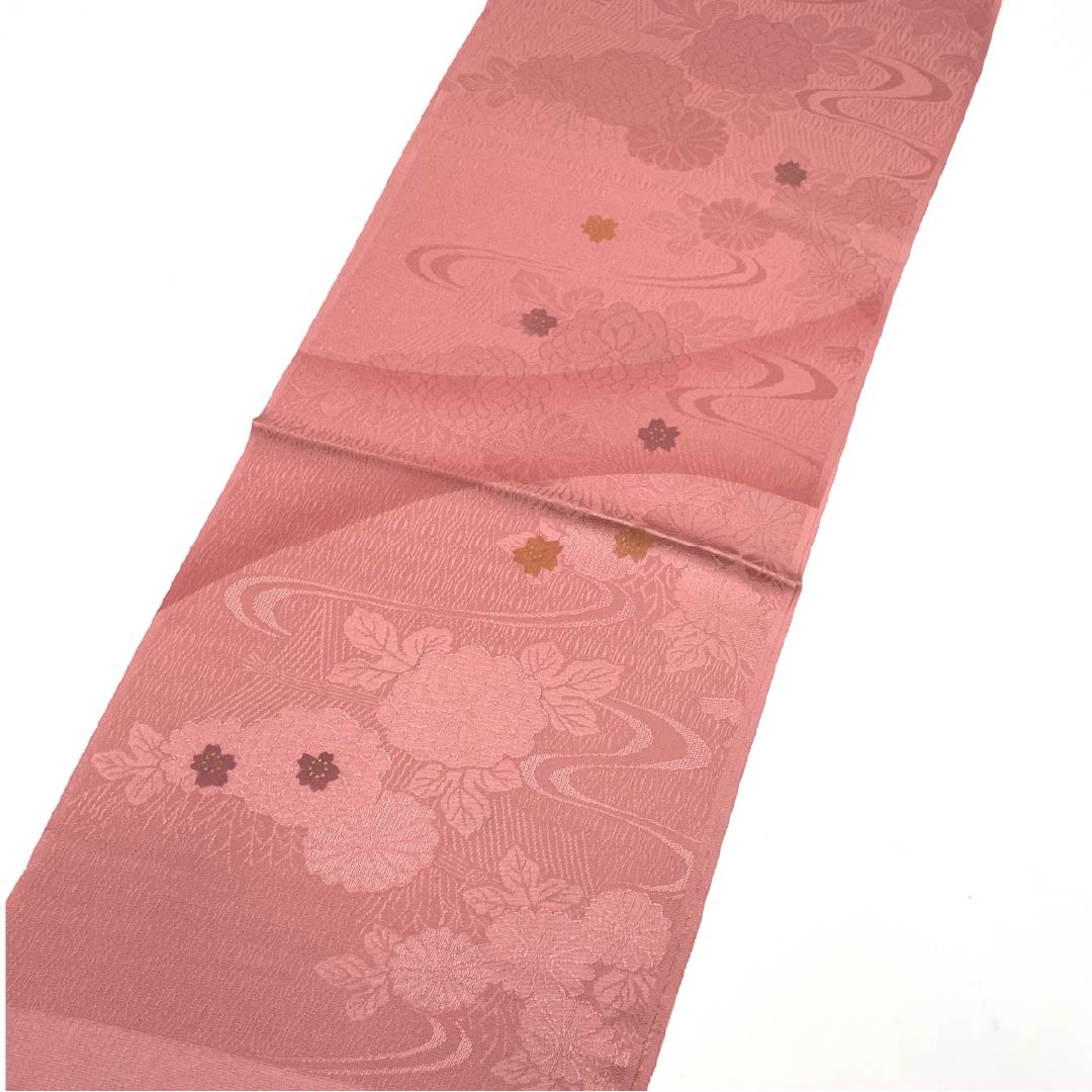 (New old stock) Formal obiage, pure silk, light crimson, cherry blossom, chrysanthemum, running water, length 174cm, width 30cm, S rank, pink, 1136000232913
