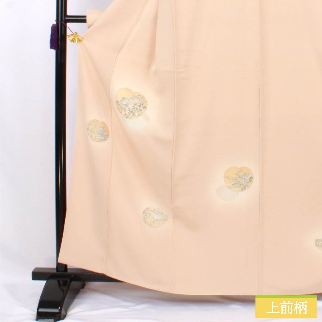 Visiting Kimono, Pure Silk, A-Rank, Lined, Length 161cm, Sleeve Length 66cm, Light Color (Usunikuiro), Single Crest, Shade-Arise Wisteria, Embroidered Landscape, Tsukesage, Orange, Product Number: 1112007143426