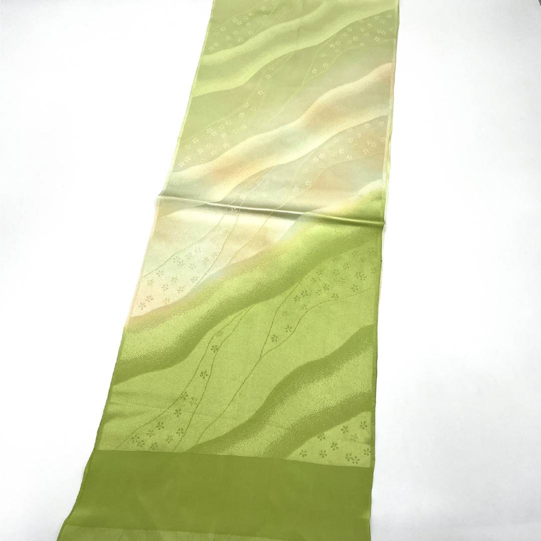 Obiage, pure silk, S rank, semi-formal, wakaba-iro (young leaf green), gradient, dochō-dori pattern, length approx. 176cm, width approx. 30cm, green family, 1136002592919