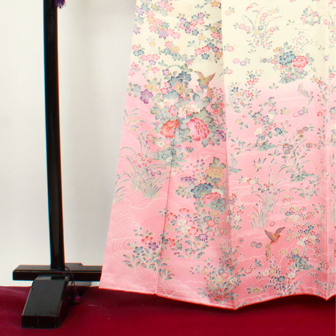 Homongi, lined, length 162.5cm, sleeve length 65cm, single layer plum color, Kyoto Yuzen, floral pattern, pure silk, S rank, pink, 1112001922413