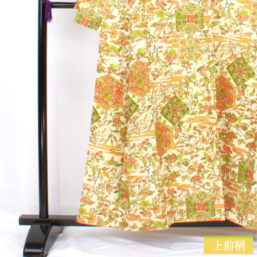 Small pattern, polyester, length 156cm, sleeve length 63cm, lined, milky white, chintz style, washable kimono, A rank, cream color, 1115004503315