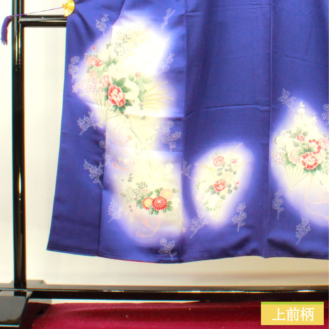 Homongi, pure silk, lined, length 150cm, sleeve length 62.5cm, blue-purple, floral pattern, fan, S rank, navy blue, 1112004202118