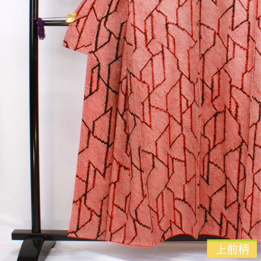 Komon (small pattern) silk, A-rank, length 156cm, sleeve length 63cm, lined, red, tie-dyed, geometric pattern, red-based, product number 1115006483312