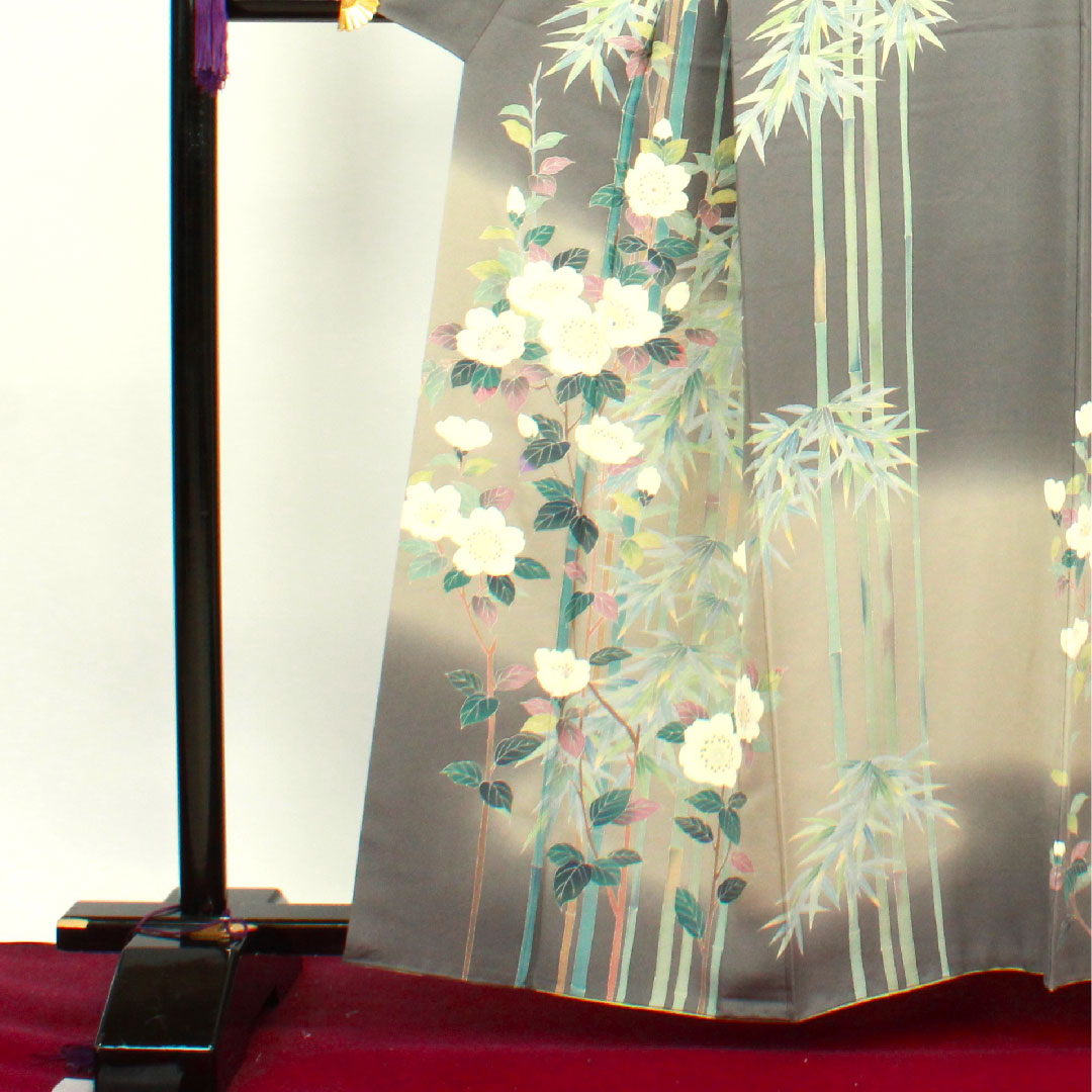 Homongi, lined, length 160cm, sleeve length 63cm, plain grey, artist's work, Kaga plant dyeing, bamboo, plum, pure silk, A rank, grey, 1112002673422