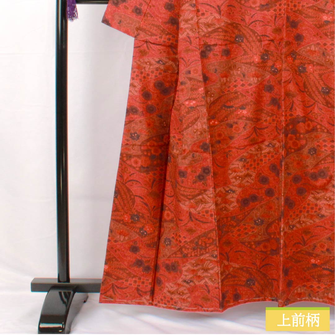 Komon, pure silk, length 161cm, sleeve length 67cm, lined, deep maple leaf color (koimomijiiro), Tsujigahana, with basting thread, S rank, vermilion, 1115005302416